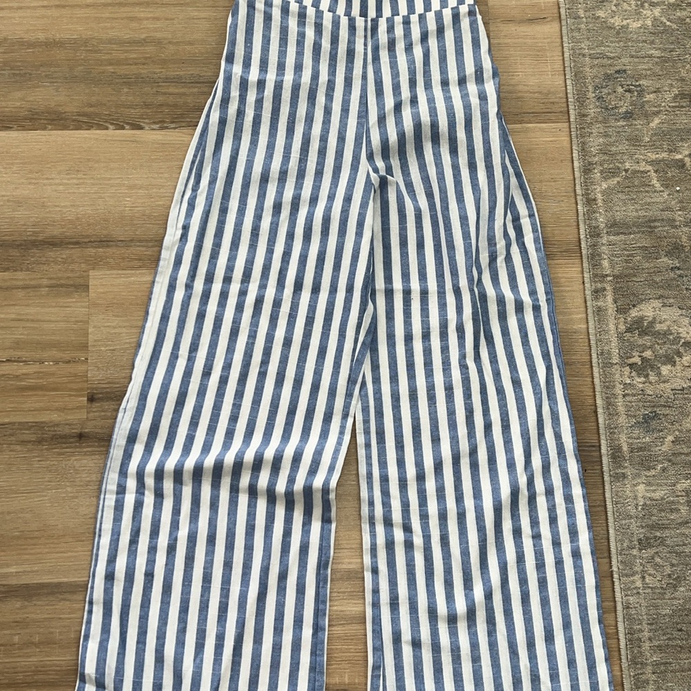 Blue and White Striped Wide-Leg Pants
